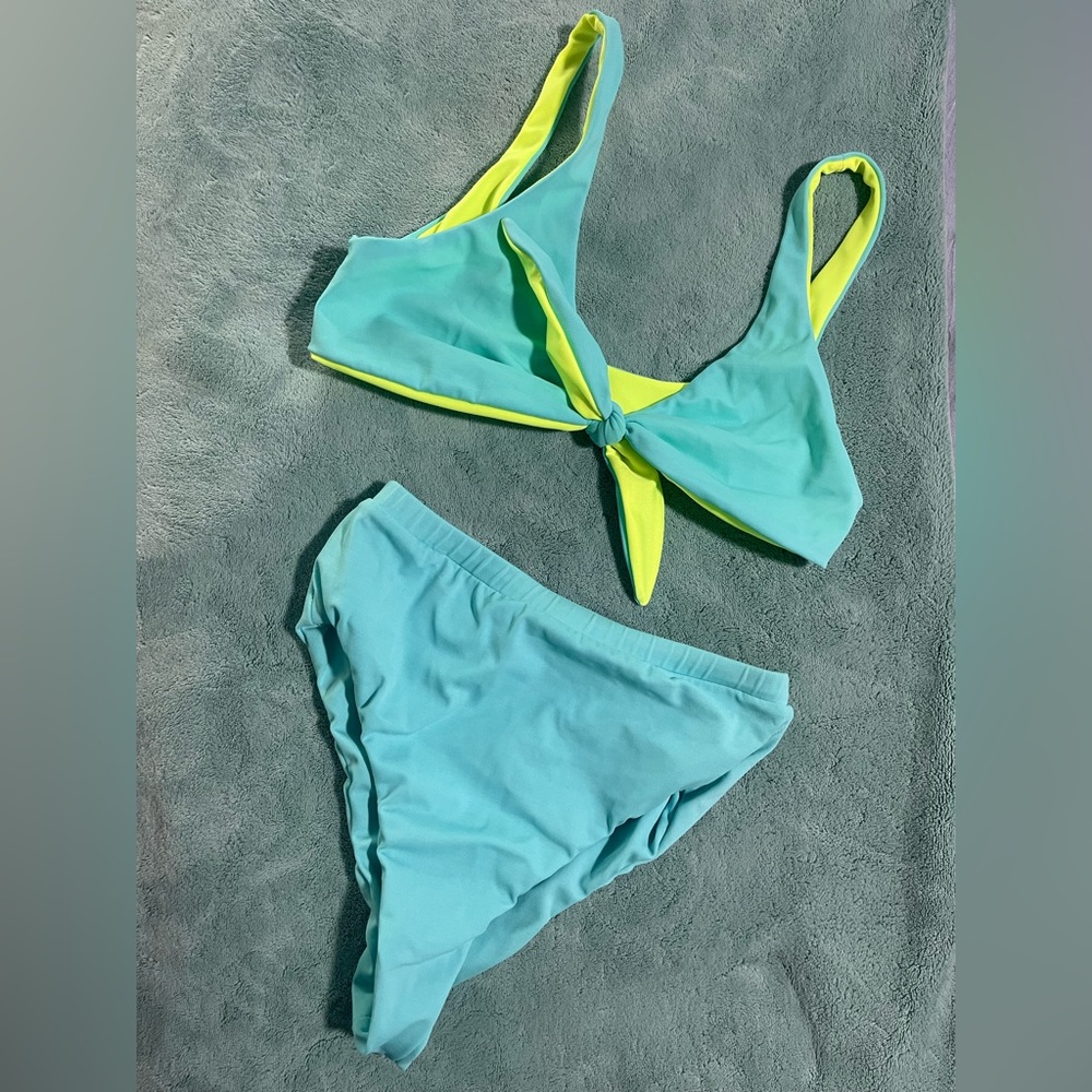 neon blue high waisted bikini set